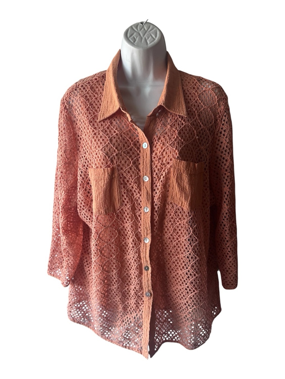 Susan Graver Rust Orange Crochet Button Up Top & Matching Tank Twinset Chic